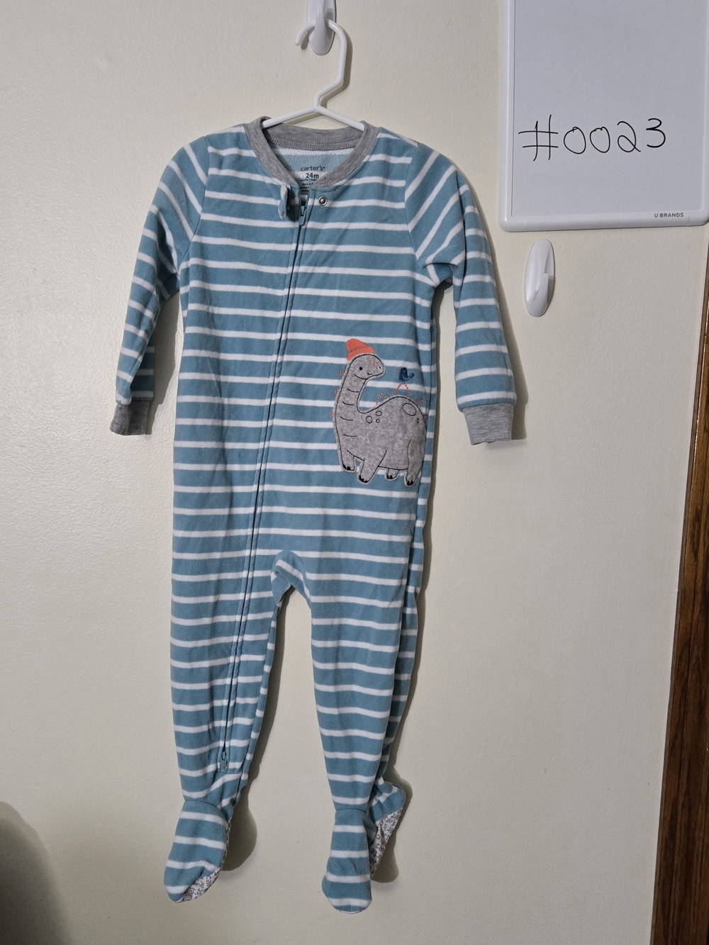 Carter's 24M Teal and White Striped Dino Footed One-Piece #0023
